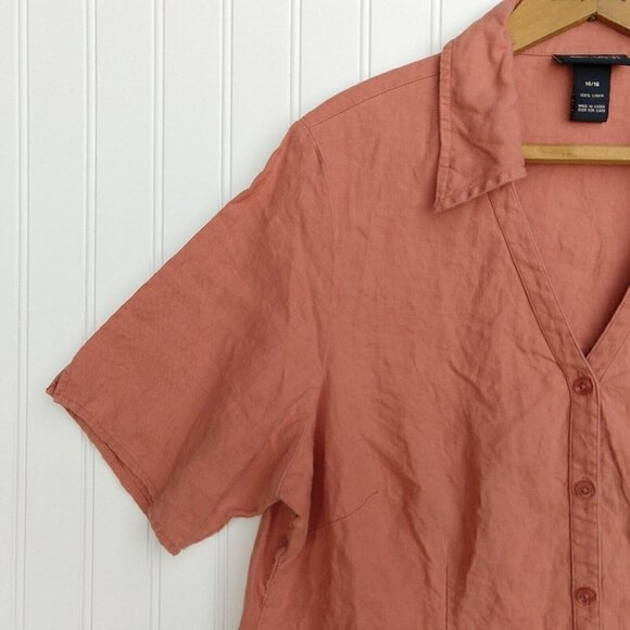 Lane Bryant Linen Top Plus Size 14/16 Terra Cotta Short Sleeve Button Up Collar - Picture 3 of 8
